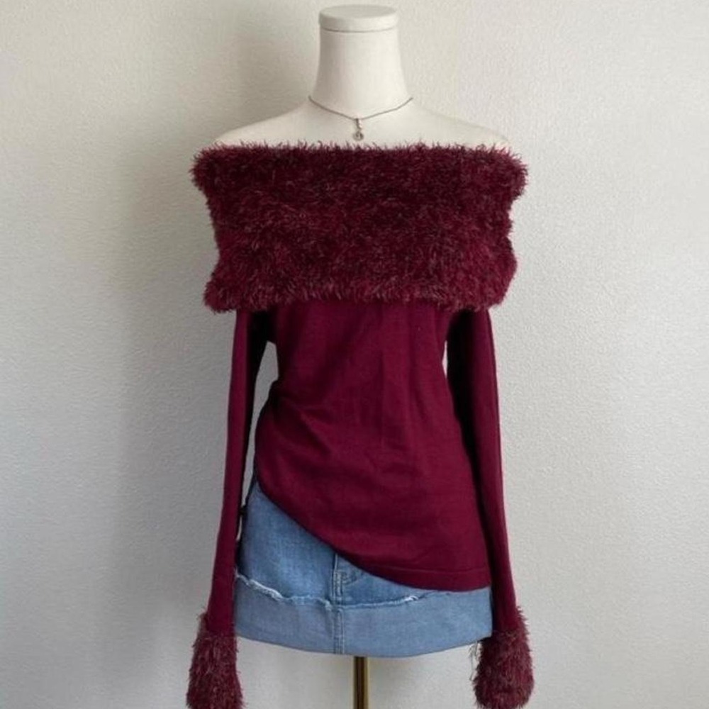 Vintage Burgundy Off The Shoulder Faux Fur Long Sleeve Sweater Whimsigoth